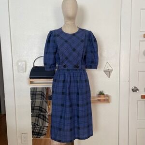 Jodi Michaels Vintage Blue Plaid Puff Sleeve Midi Dress Belted 80s